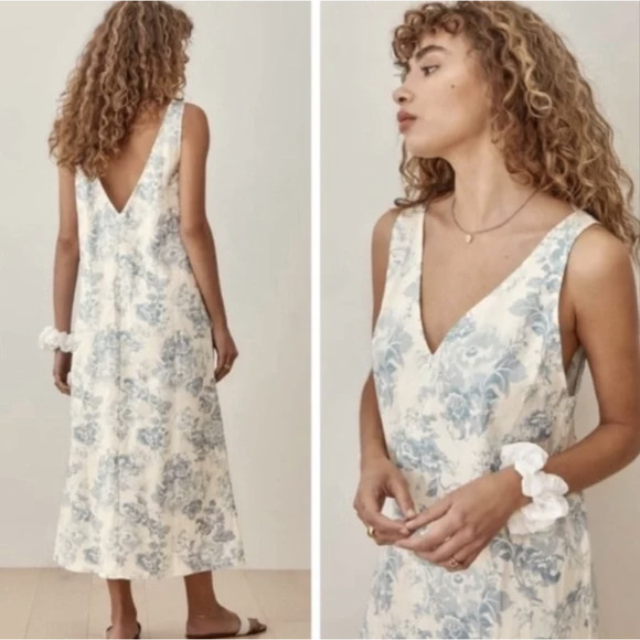 Reformation Monique Linen Dress in Teacup Blue Floral XL - Picture 2 of 12